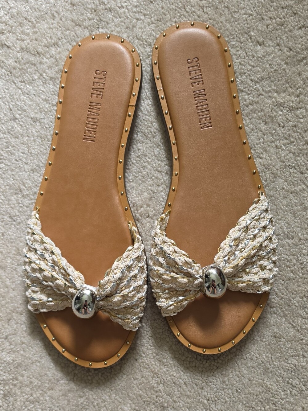 Steve Madden Dipsy Sandal Tan Slide Sandals with Cream Braided Straps 8M